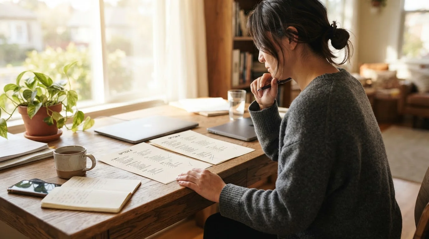 Person at desk comparing two columns of documents with pen held thoughtfully