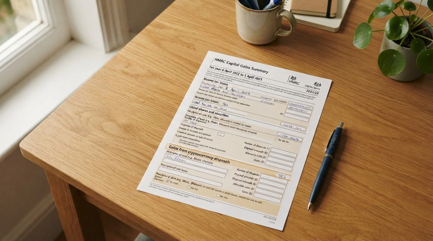 HMRC Capital Gains Tax form with cryptocurrency section highlighted
