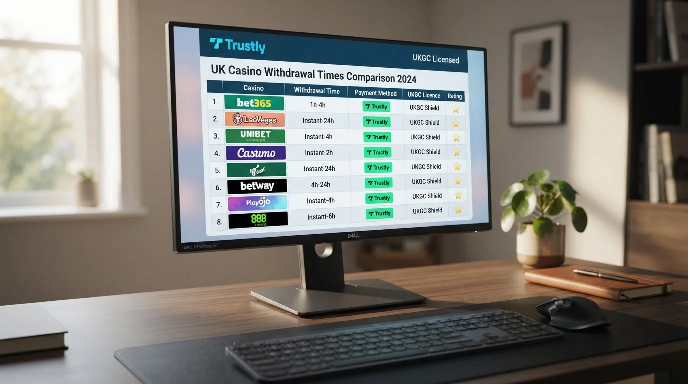 Desktop showing UKGC casino comparison table with Trustly payment badges and withdrawal timing data