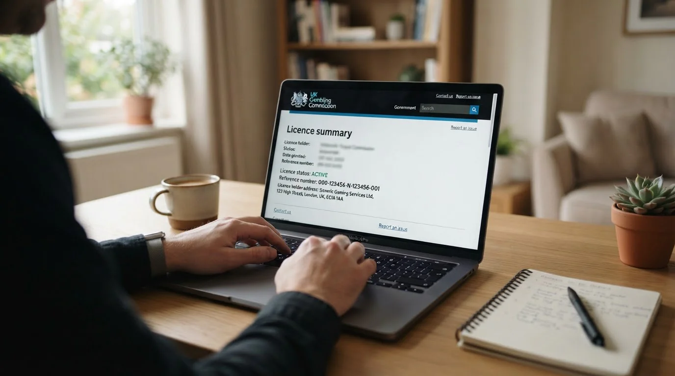 UK Gambling Commission licence verification document on laptop screen