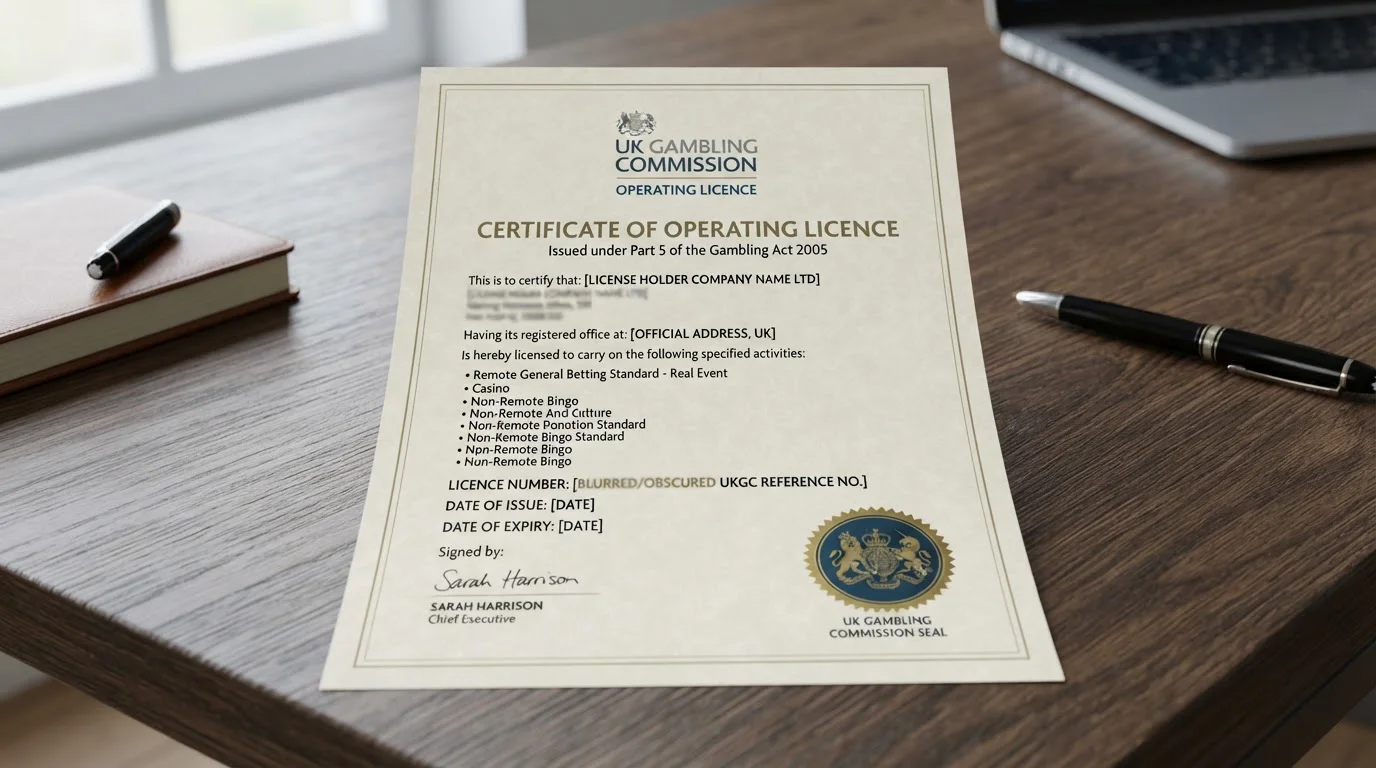 UK Gambling Commission official document with UKGC logo and licence verification
