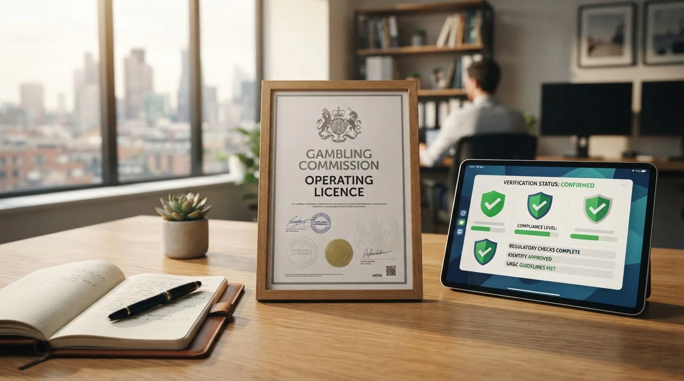 UK Gambling Commission licence document with verification checkmarks and regulatory stamps