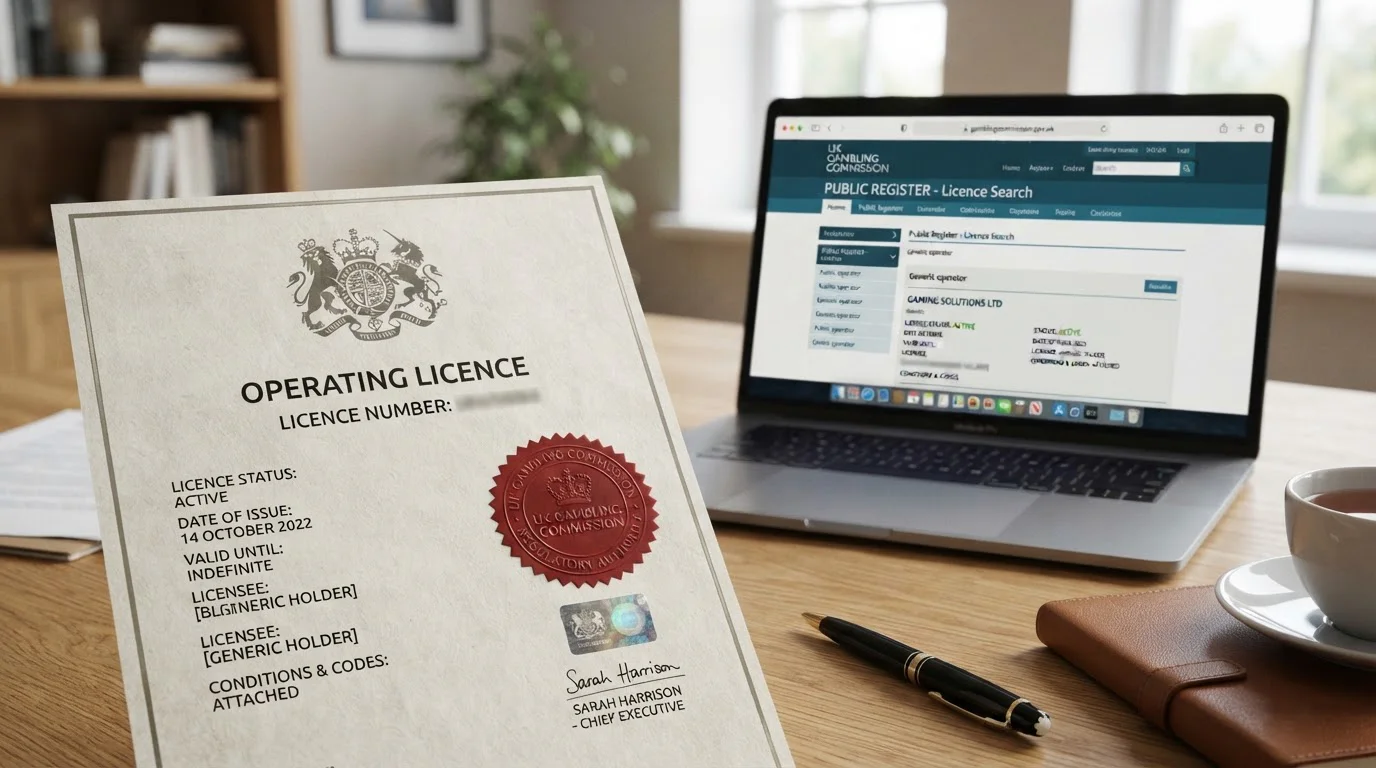 UKGC licence certificate document with official stamp and regulatory text