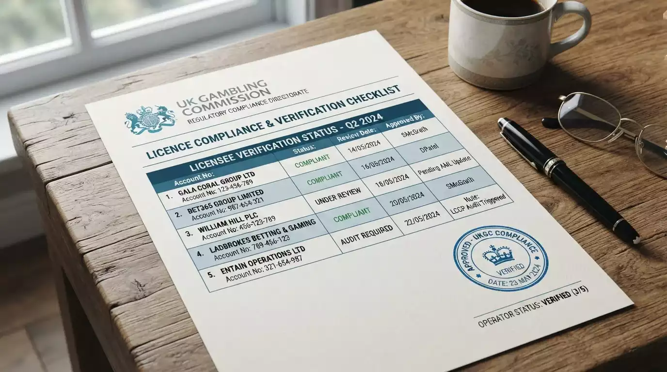 Document showing UKGC licence verification with operator list