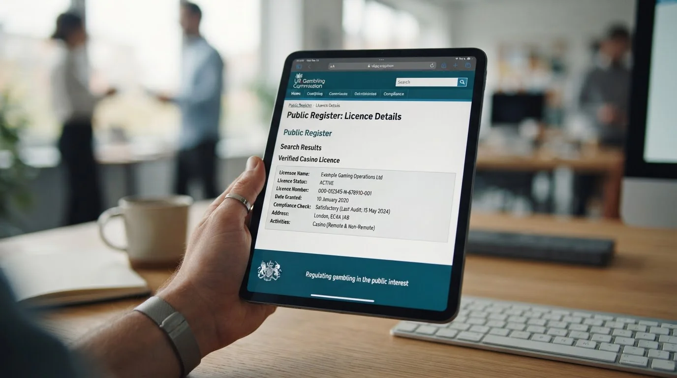 Smartphone displaying UK Gambling Commission register page with verified casino licence details