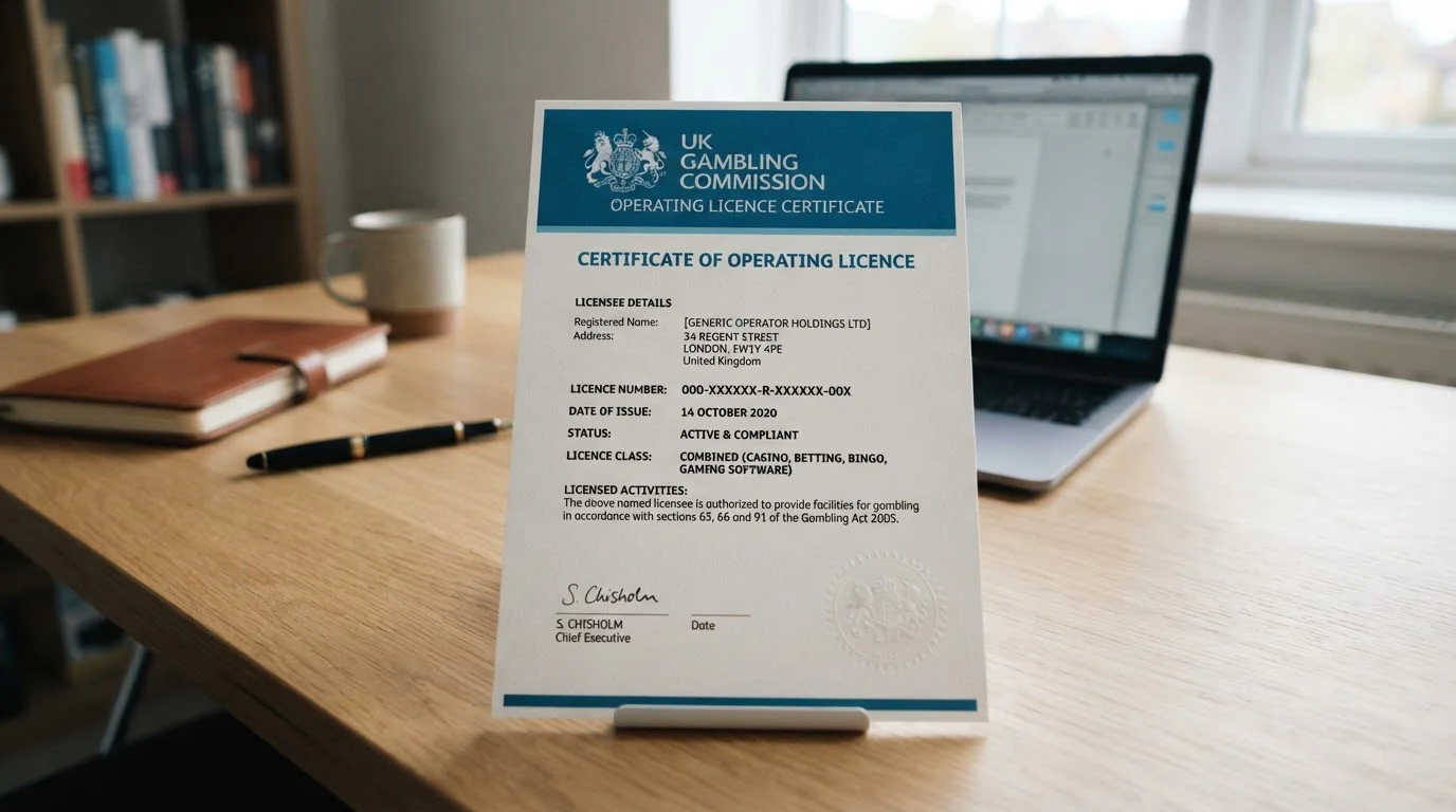 UKGC licence verification page showing active casino operator status