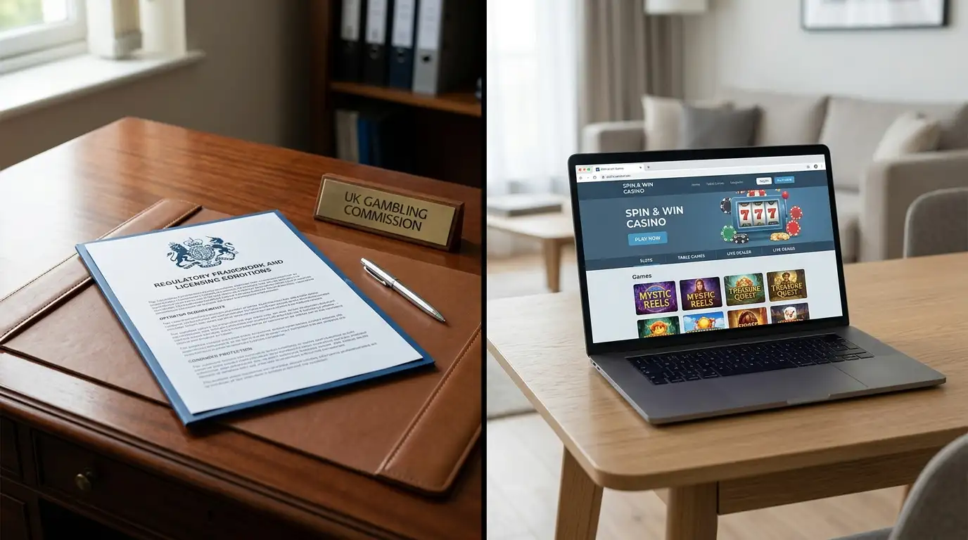 Split-screen showing UKGC gambling commission logo on left and offshore casino interface on right