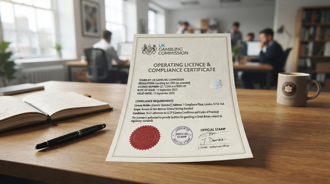 UKGC licence document with official seal showing regulatory compliance requirements