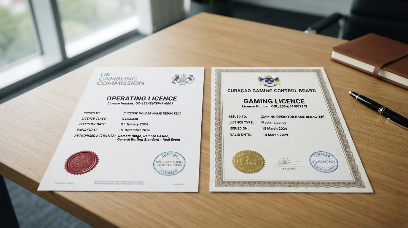 UK Gambling Commission official document with Curaçao licence certificate side by side