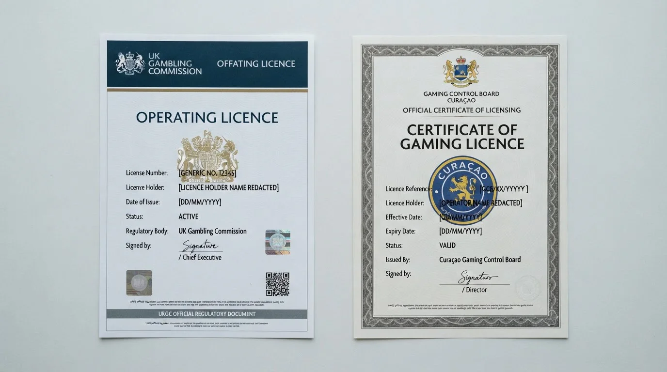 Split-screen comparison showing UKGC licence certificate on left and Curaçao gaming licence on right
