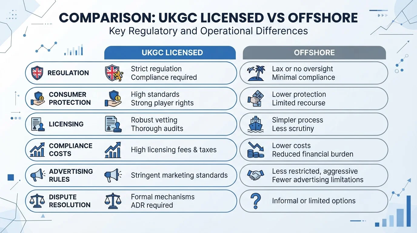 Side-by-side comparison chart showing UKGC versus offshore casino features