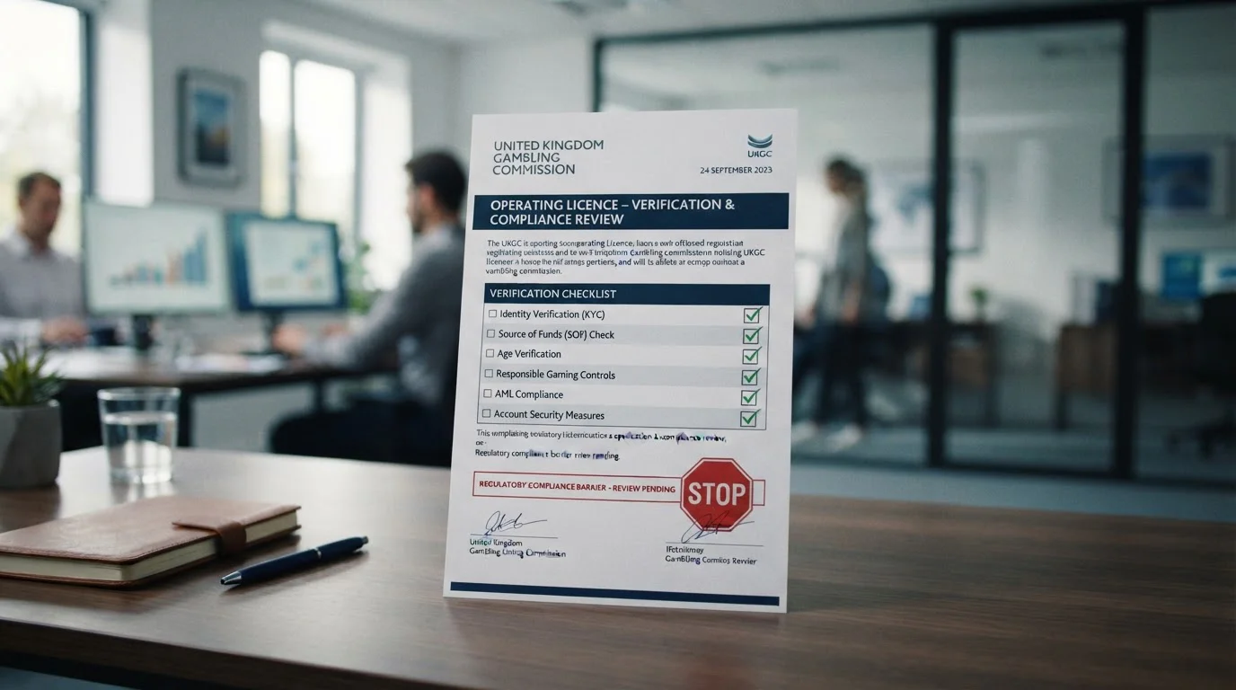 UKGC licence document with verification checklist and regulatory barrier symbol