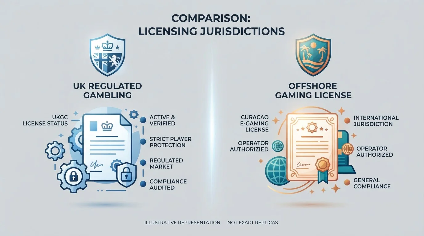 Split-screen showing UKGC licence badge and offshore Curaçao licence