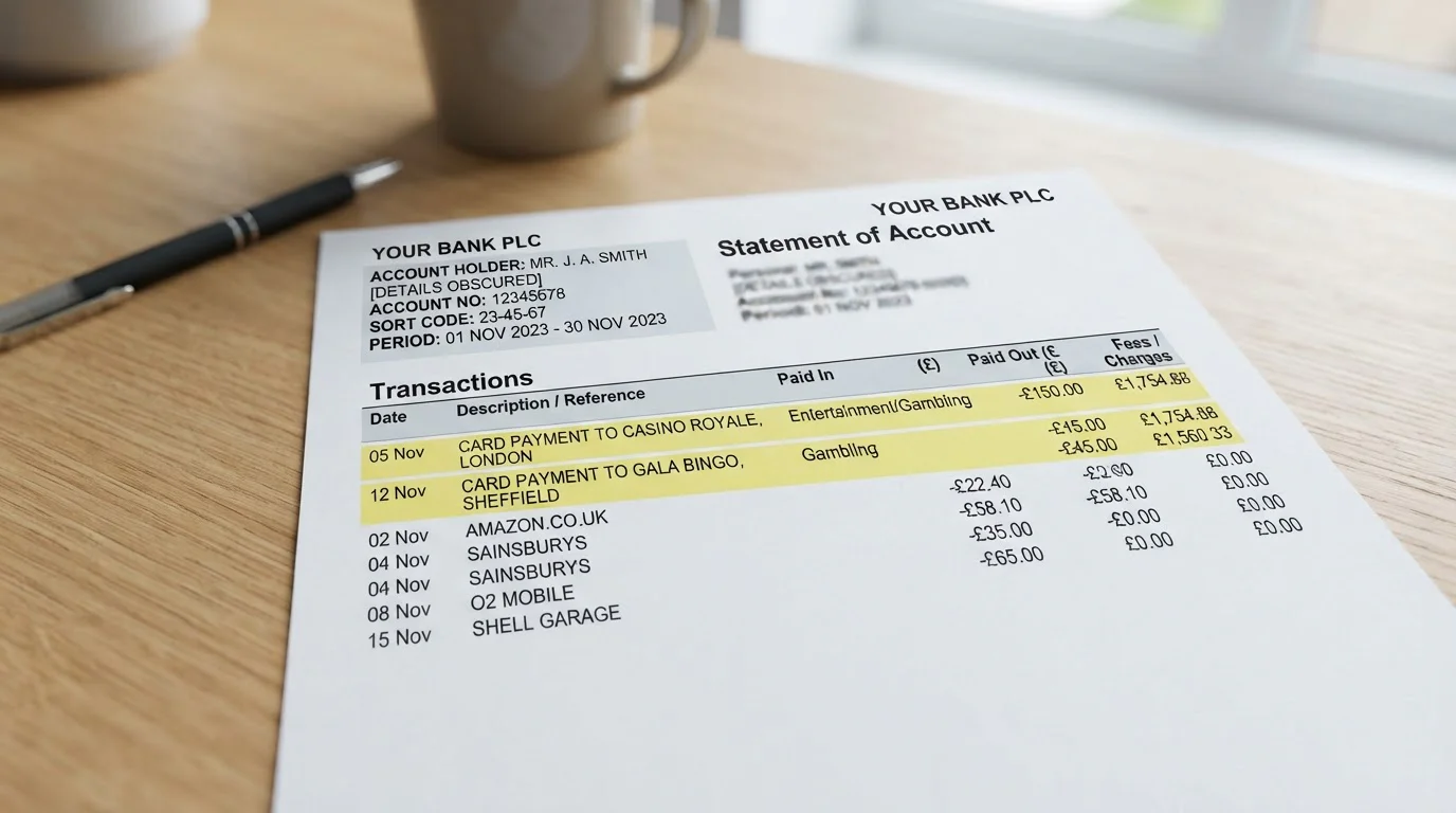 Bank statement showing zero fees on casino debit card transactions