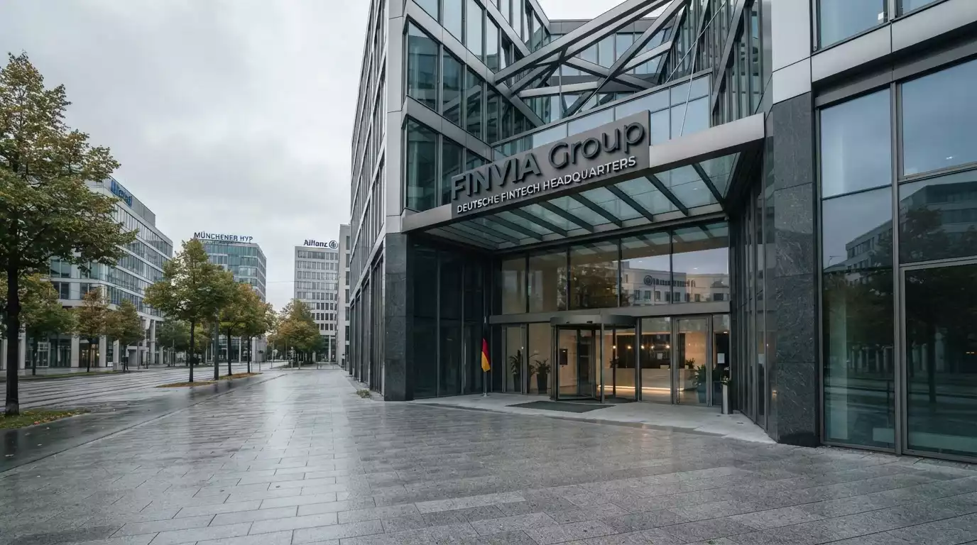 Munich corporate headquarters building with modern glass facade representing German fintech company