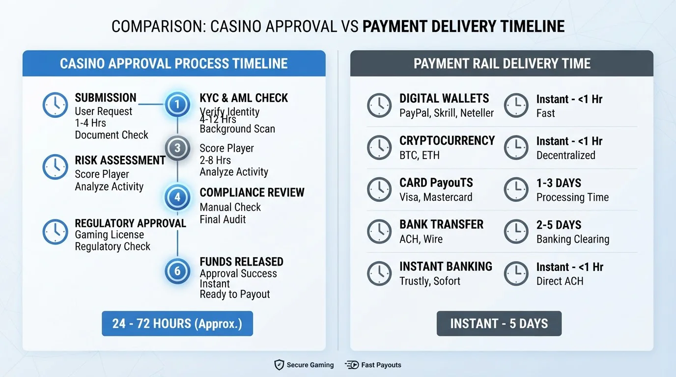 Split-screen diagram showing casino approval timeline versus payment rail delivery time