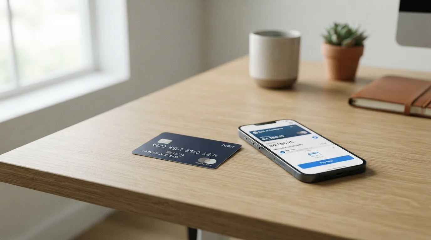 Clean banking setup showing debit card and mobile phone