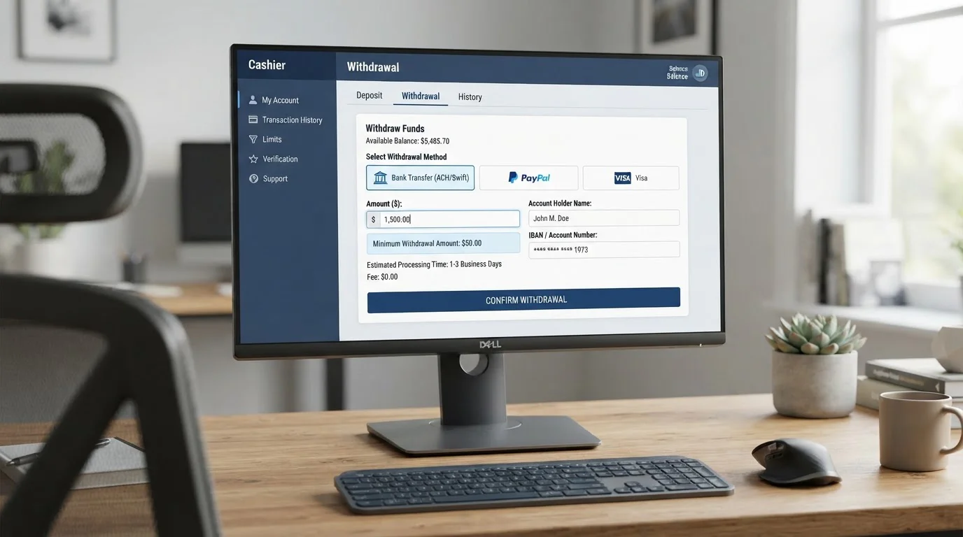 Cashier screen showing withdrawal minimum notice