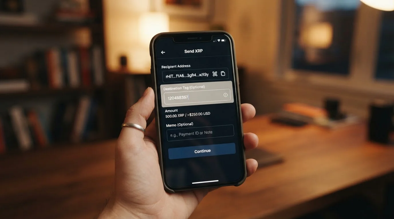 Close-up of XRP wallet interface showing destination tag field highlighted