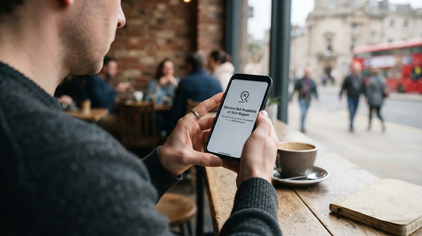 Person checking smartphone showing Zimpler app interface unavailable in UK region